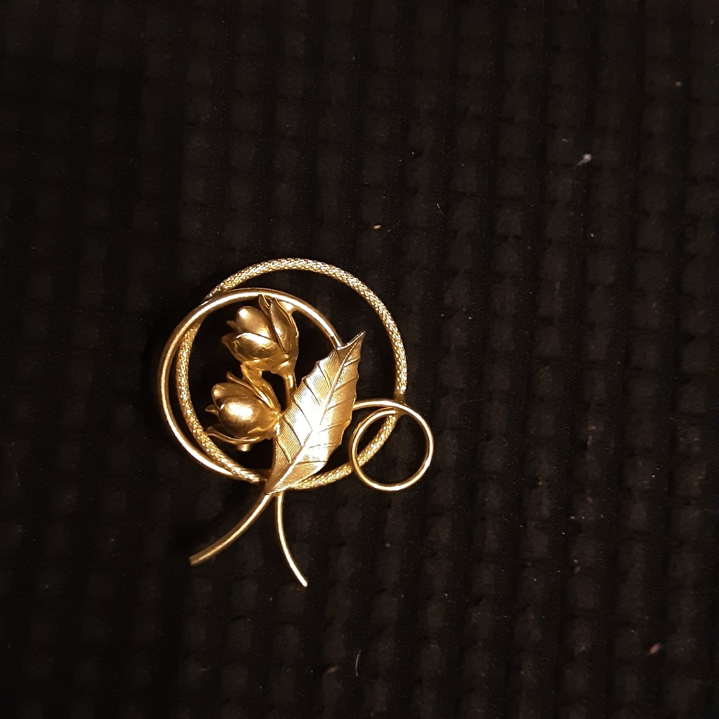 Vintage Gold Circle Double Tulips Brooch Pin